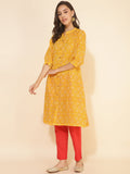 Janasya Yellow Cotton Bandhani Printed Casual Kurta | Grocsy