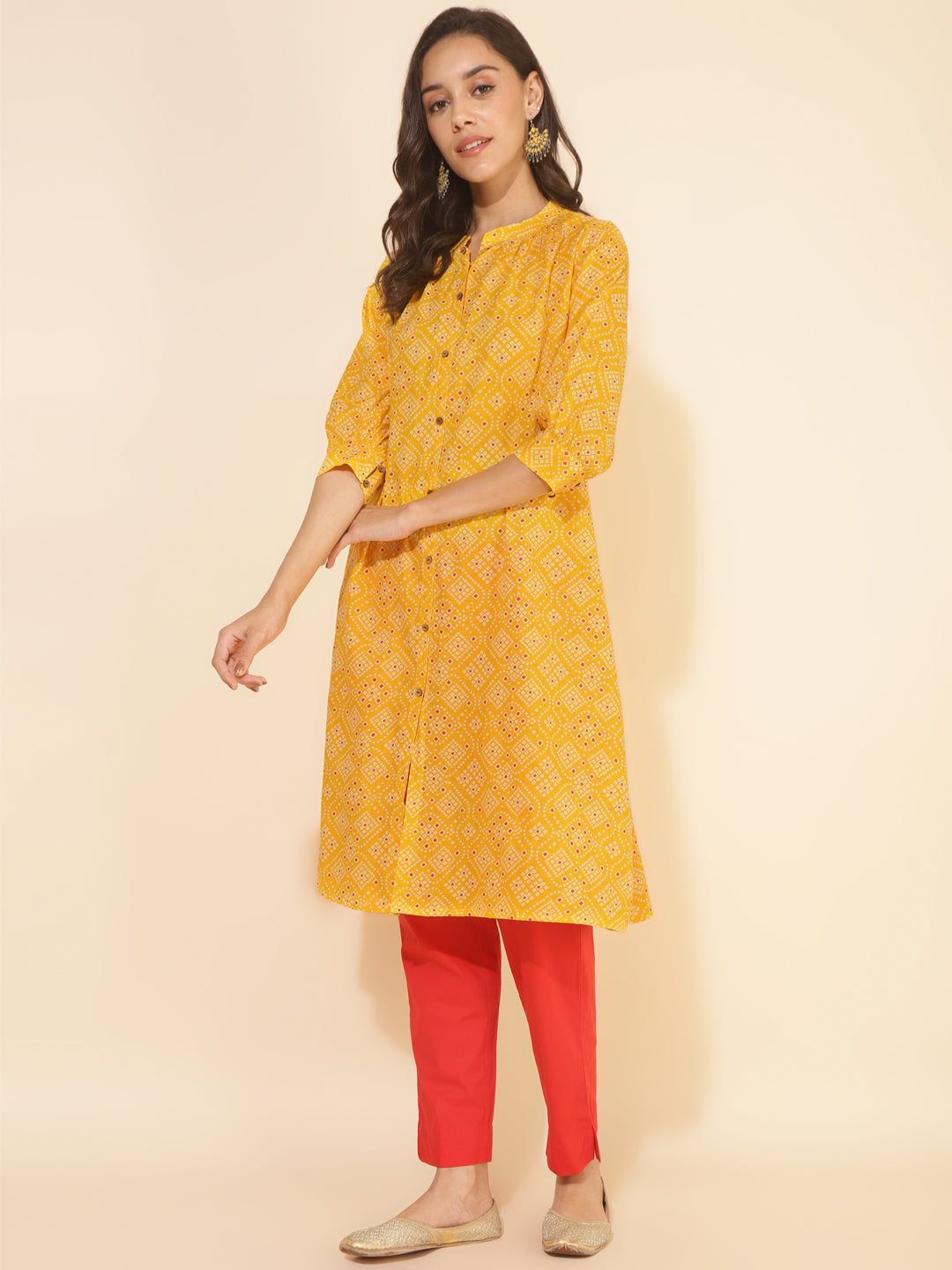 Janasya Yellow Cotton Bandhani Printed Casual Kurta | Grocsy