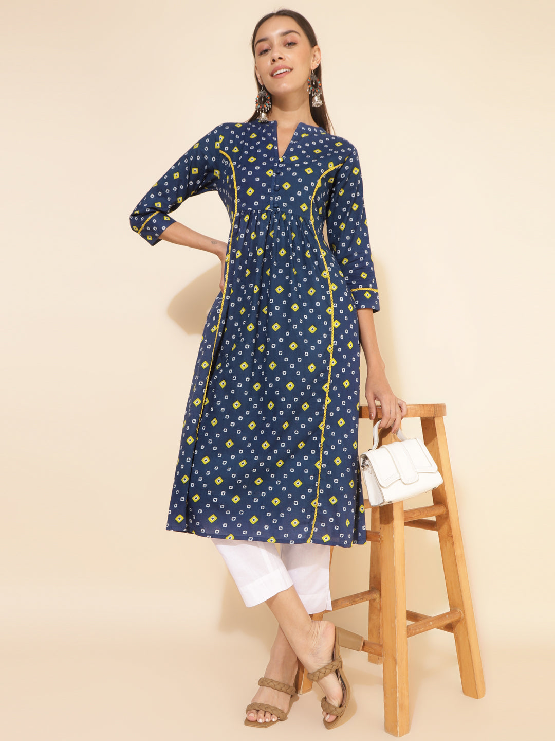 Janasya Blue Cotton Bandhani Printed Casual Kurta | Grocsy