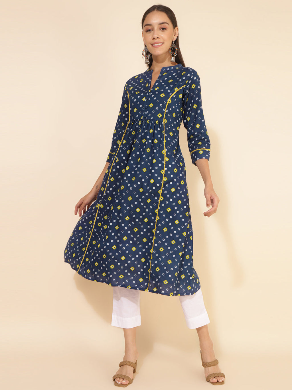 Janasya Blue Cotton Bandhani Printed Casual Kurta | Grocsy