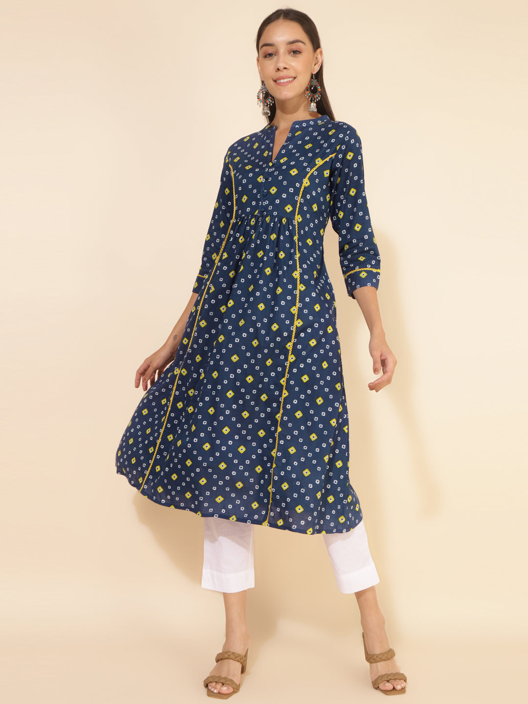 Janasya Blue Cotton Bandhani Printed Casual Kurta | Grocsy