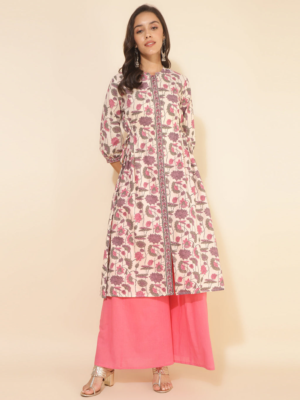 Janasya Beige Cotton Floral Printed Casual Kurta | Grocsy
