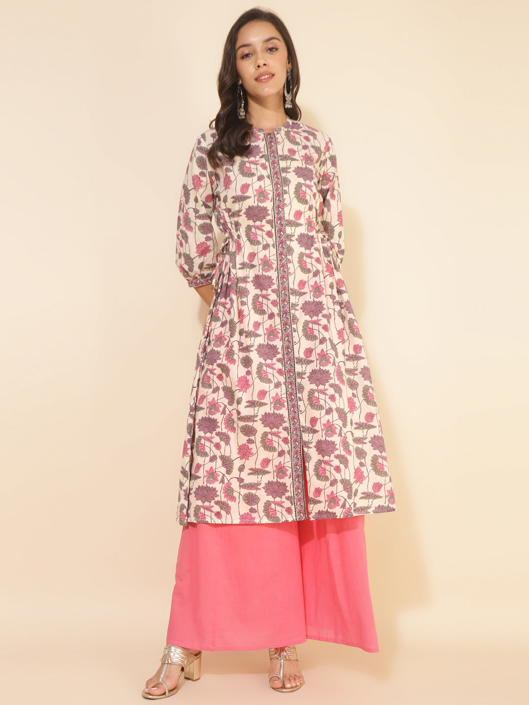 Janasya Beige Cotton Floral Printed Casual Kurta | Grocsy