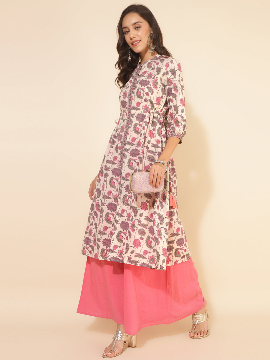 Janasya Beige Cotton Floral Printed Casual Kurta | Grocsy