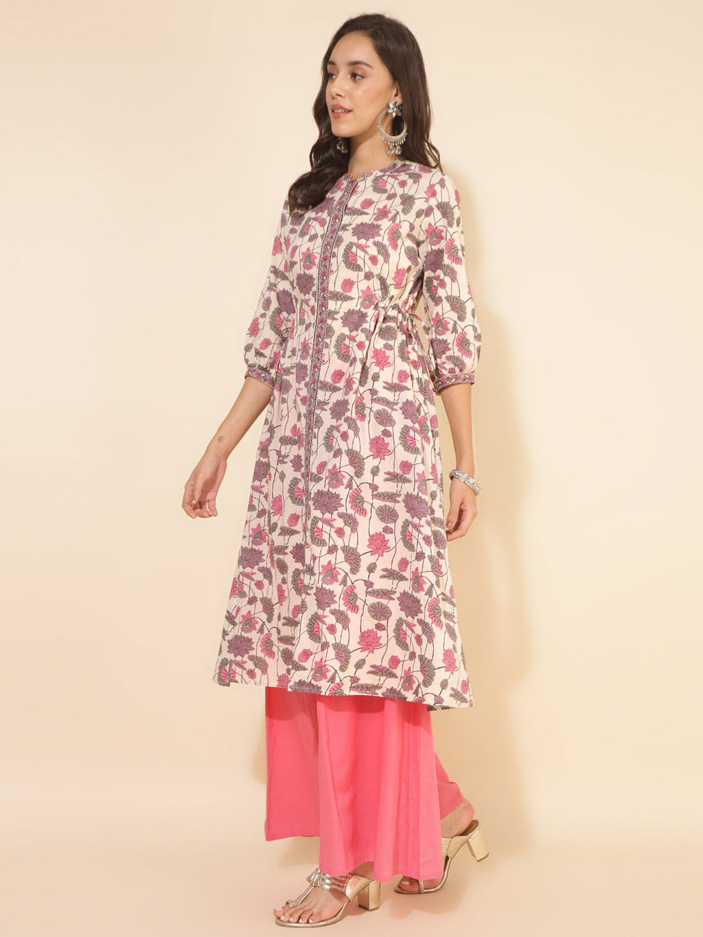 Janasya Beige Cotton Floral Printed Casual Kurta | Grocsy
