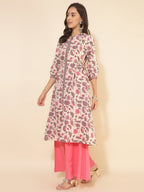 Janasya Beige Cotton Floral Printed Casual Kurta | Grocsy