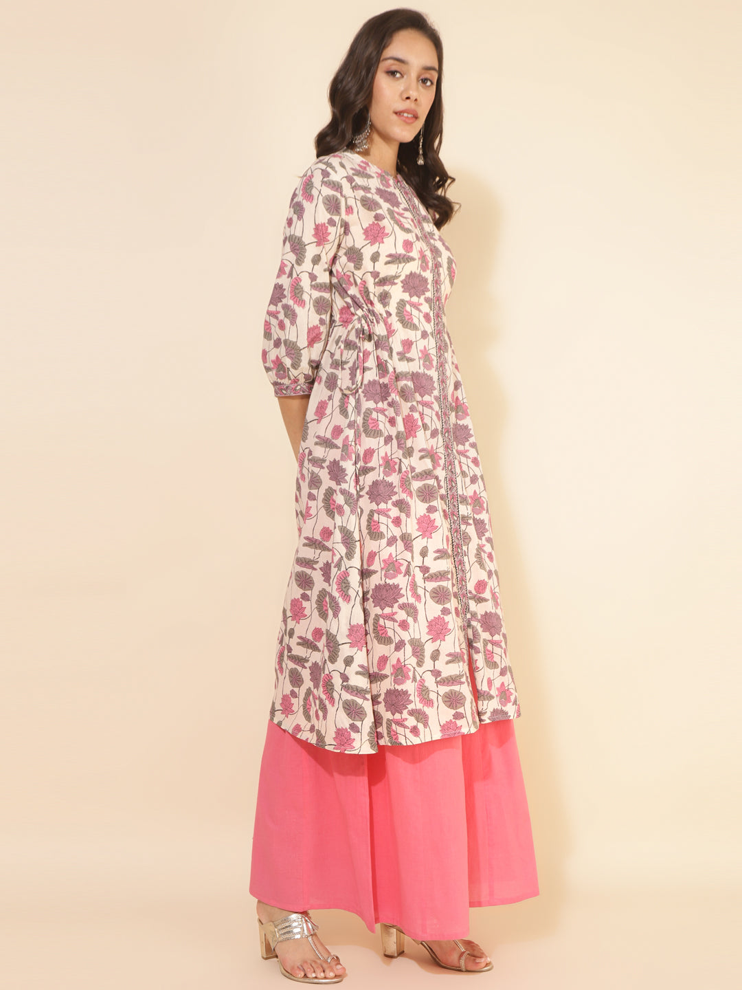 Janasya Beige Cotton Floral Printed Casual Kurta | Grocsy