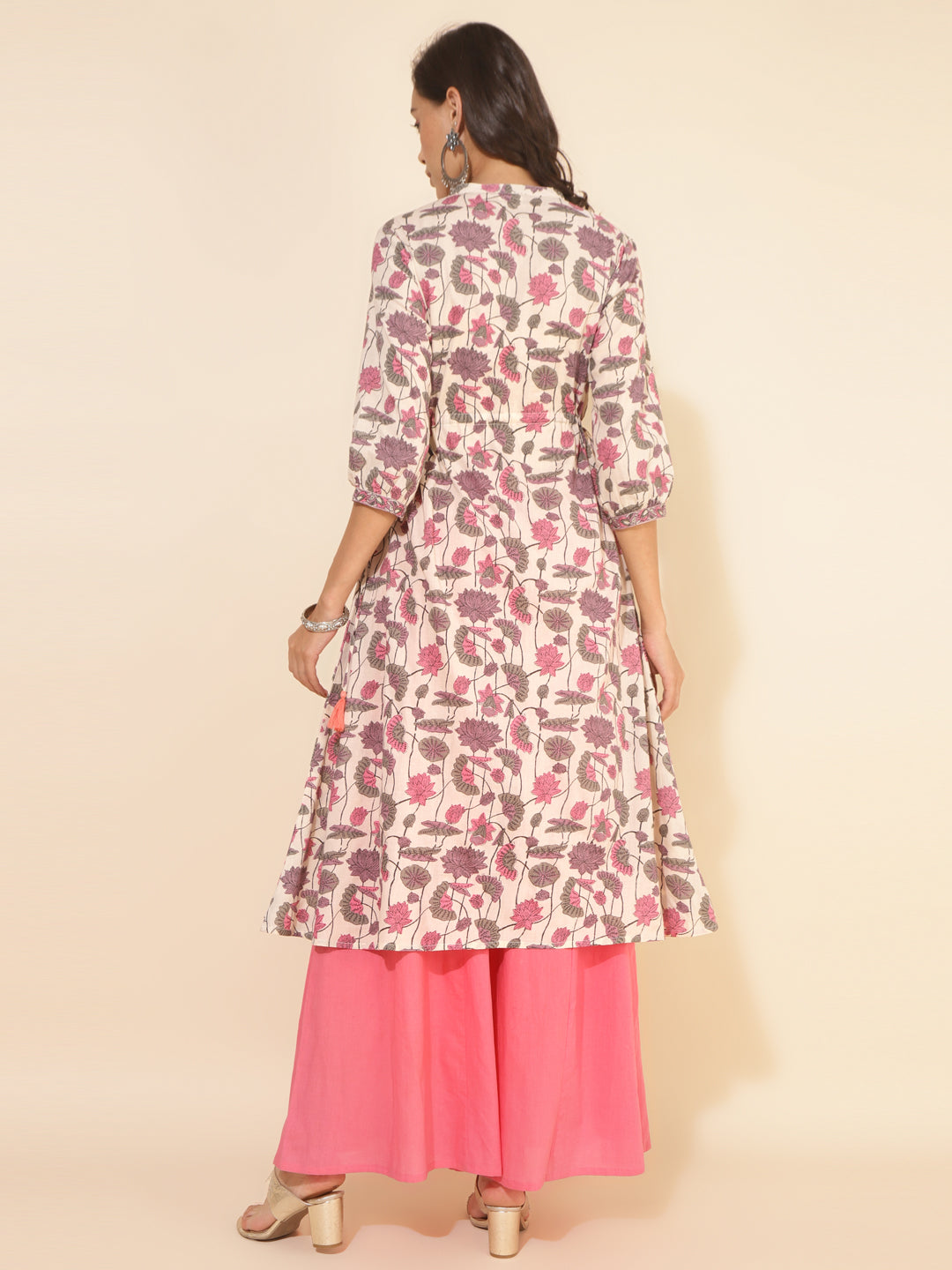 Janasya Beige Cotton Floral Printed Casual Kurta | Grocsy