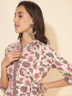 Janasya Beige Cotton Floral Printed Casual Kurta | Grocsy