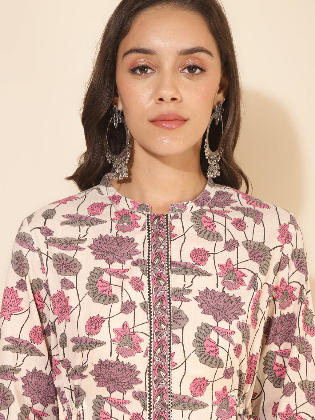 Janasya Beige Cotton Floral Printed Casual Kurta | Grocsy
