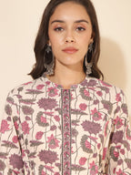 Janasya Beige Cotton Floral Printed Casual Kurta | Grocsy