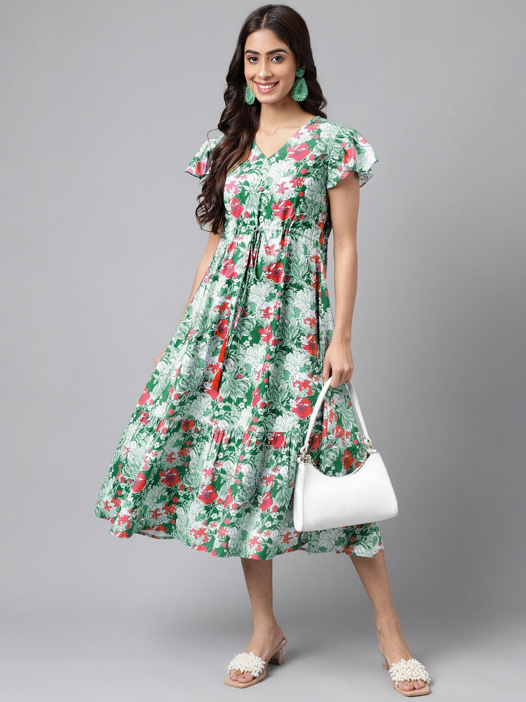 Janasya Green Moss Digital Floral Printed A-line Casual Dress | Grocsy