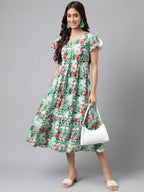 Janasya Green Moss Digital Floral Printed A-line Casual Dress | Grocsy