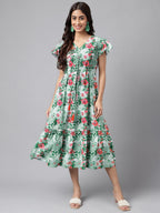 Janasya Green Moss Digital Floral Printed A-line Casual Dress | Grocsy
