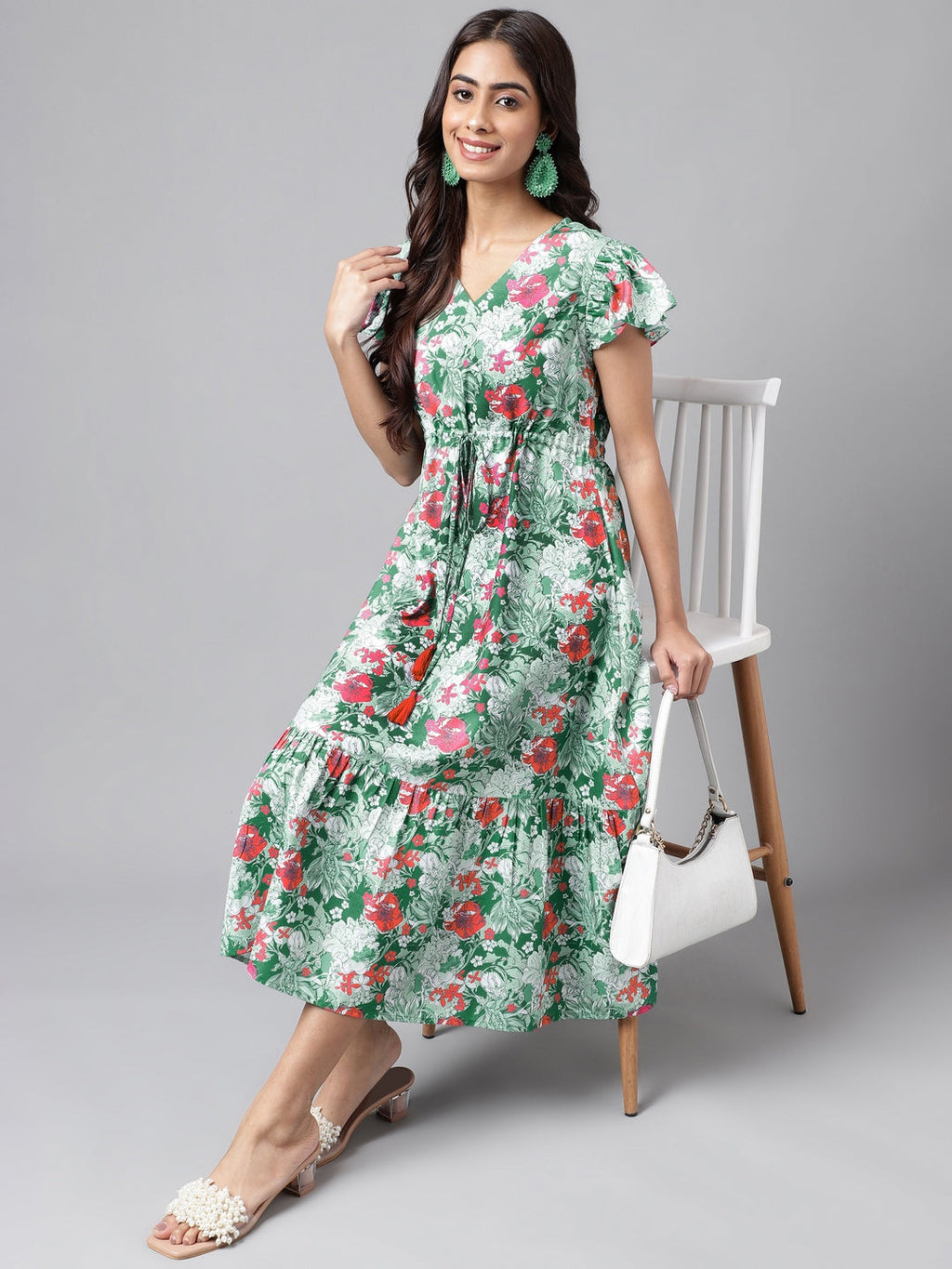 Janasya Green Moss Digital Floral Printed A-line Casual Dress | Grocsy