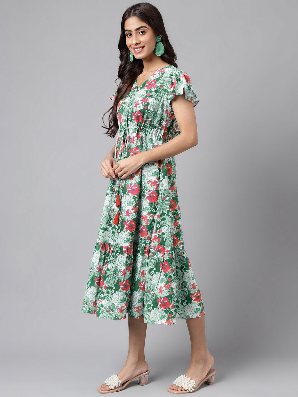 Janasya Green Moss Digital Floral Printed A-line Casual Dress | Grocsy