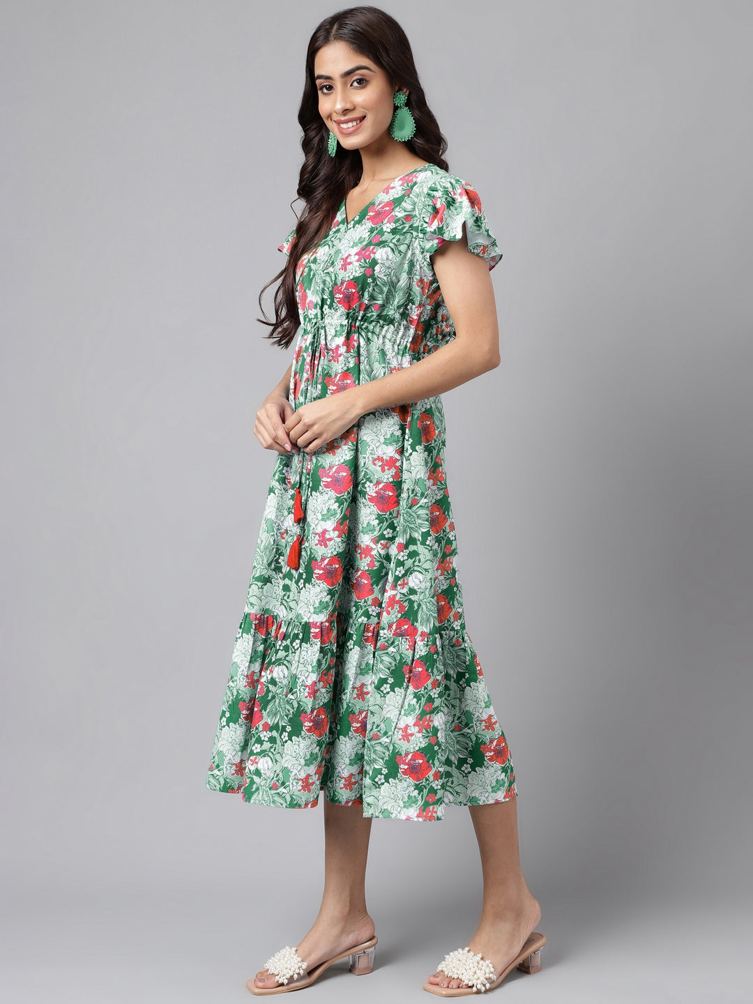 Janasya Green Moss Digital Floral Printed A-line Casual Dress | Grocsy