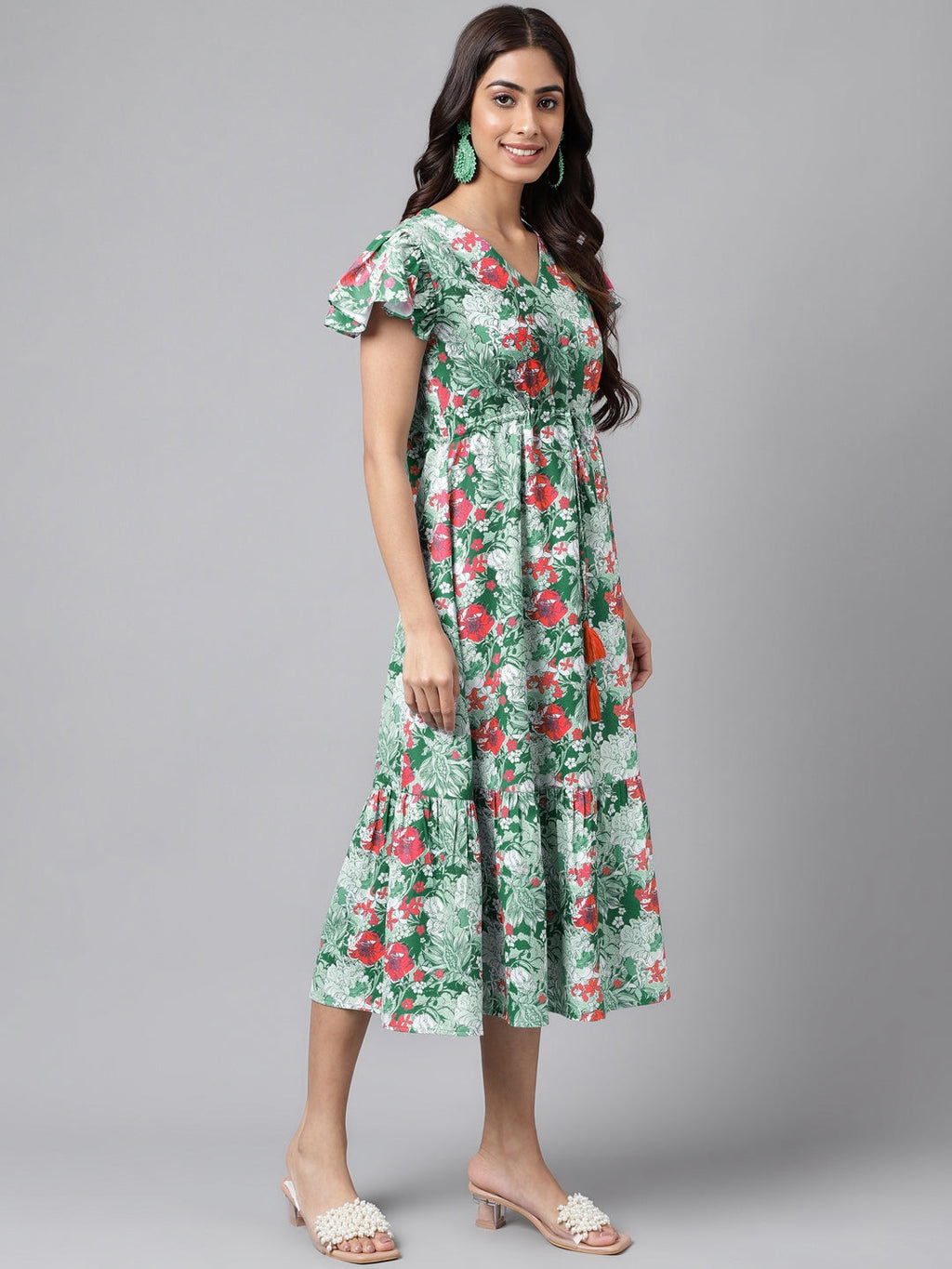 Janasya Green Moss Digital Floral Printed A-line Casual Dress | Grocsy