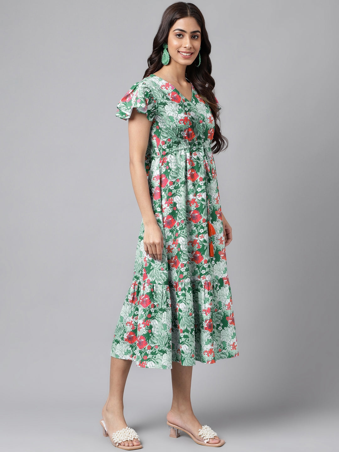Janasya Green Moss Digital Floral Printed A-line Casual Dress | Grocsy