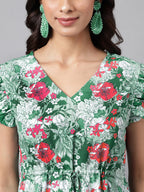 Janasya Green Moss Digital Floral Printed A-line Casual Dress | Grocsy