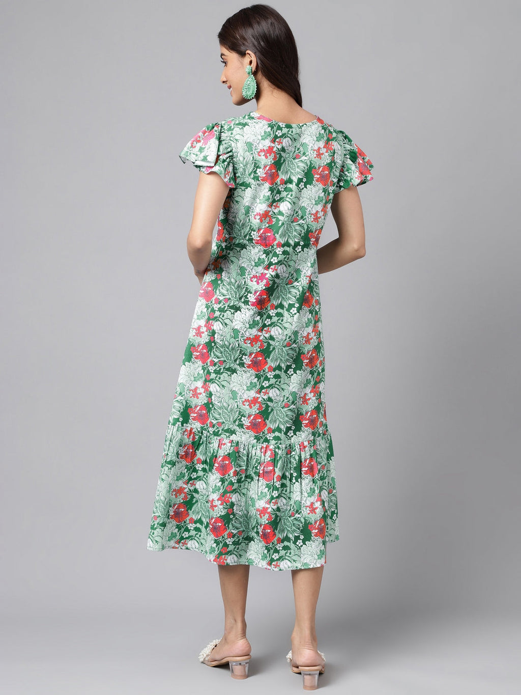 Janasya Green Moss Digital Floral Printed A-line Casual Dress | Grocsy