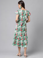 Janasya Green Moss Digital Floral Printed A-line Casual Dress | Grocsy