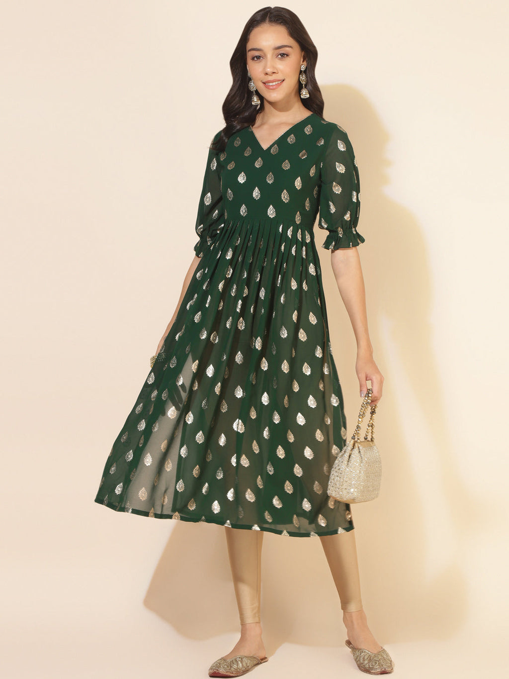 Janasya Bottle Green Georgette Foil Printed Festive Kurta | Grocsy