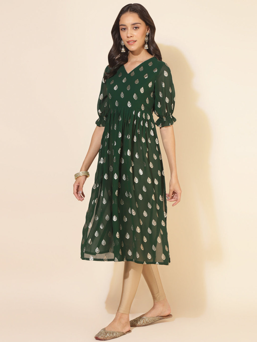 Janasya Bottle Green Georgette Foil Printed Festive Kurta | Grocsy