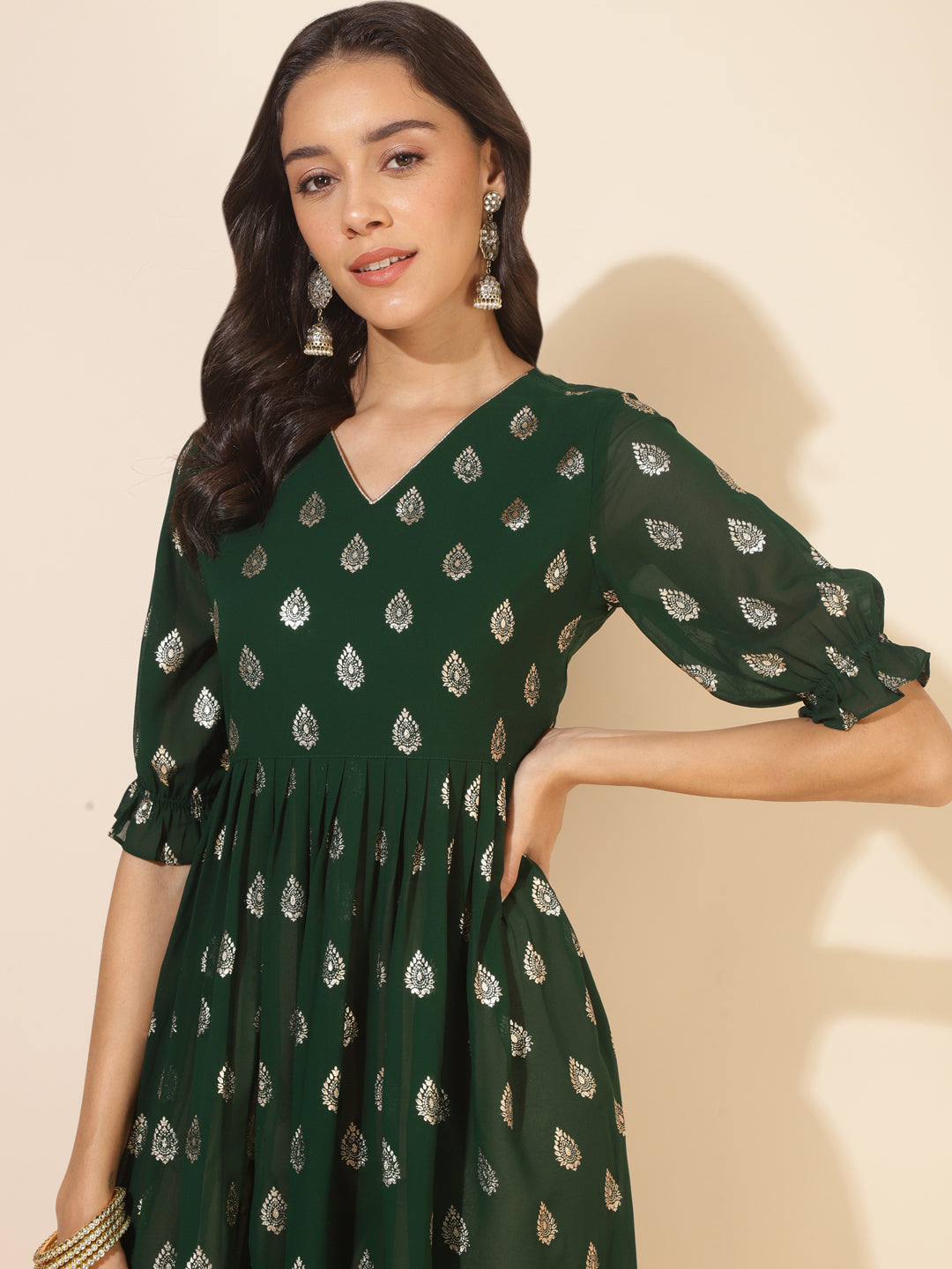 Janasya Bottle Green Georgette Foil Printed Festive Kurta | Grocsy