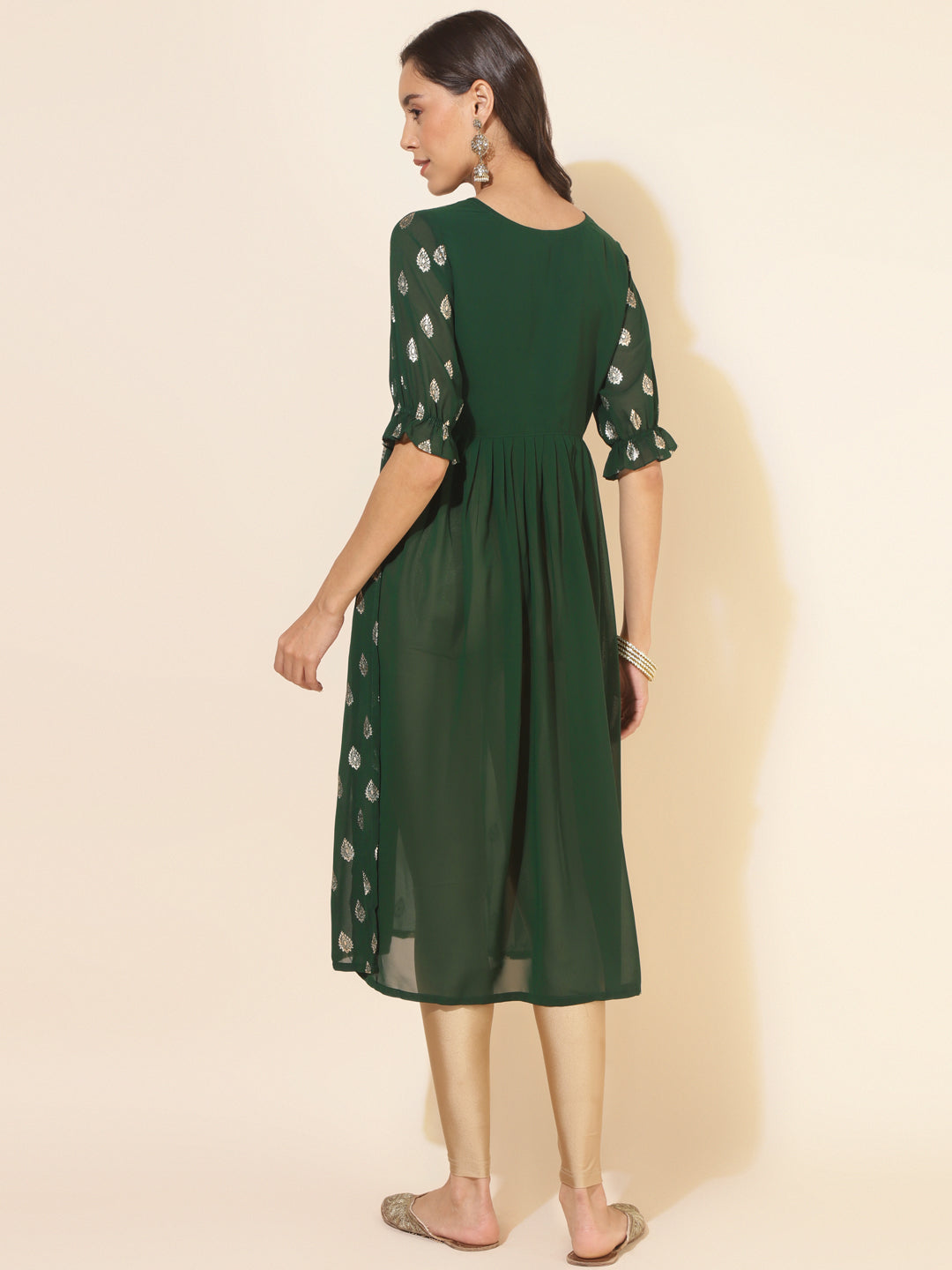 Janasya Bottle Green Georgette Foil Printed Festive Kurta | Grocsy