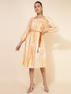 Janasya Women's Off White Cotton Tie Dye Casual Dress | Grocsy