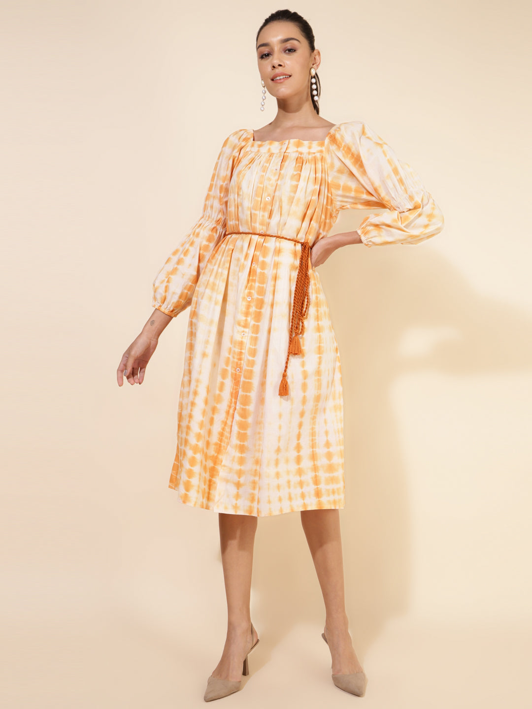 Janasya Women's Off White Cotton Tie Dye Casual Dress | Grocsy