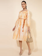 Janasya Women's Off White Cotton Tie Dye Casual Dress | Grocsy
