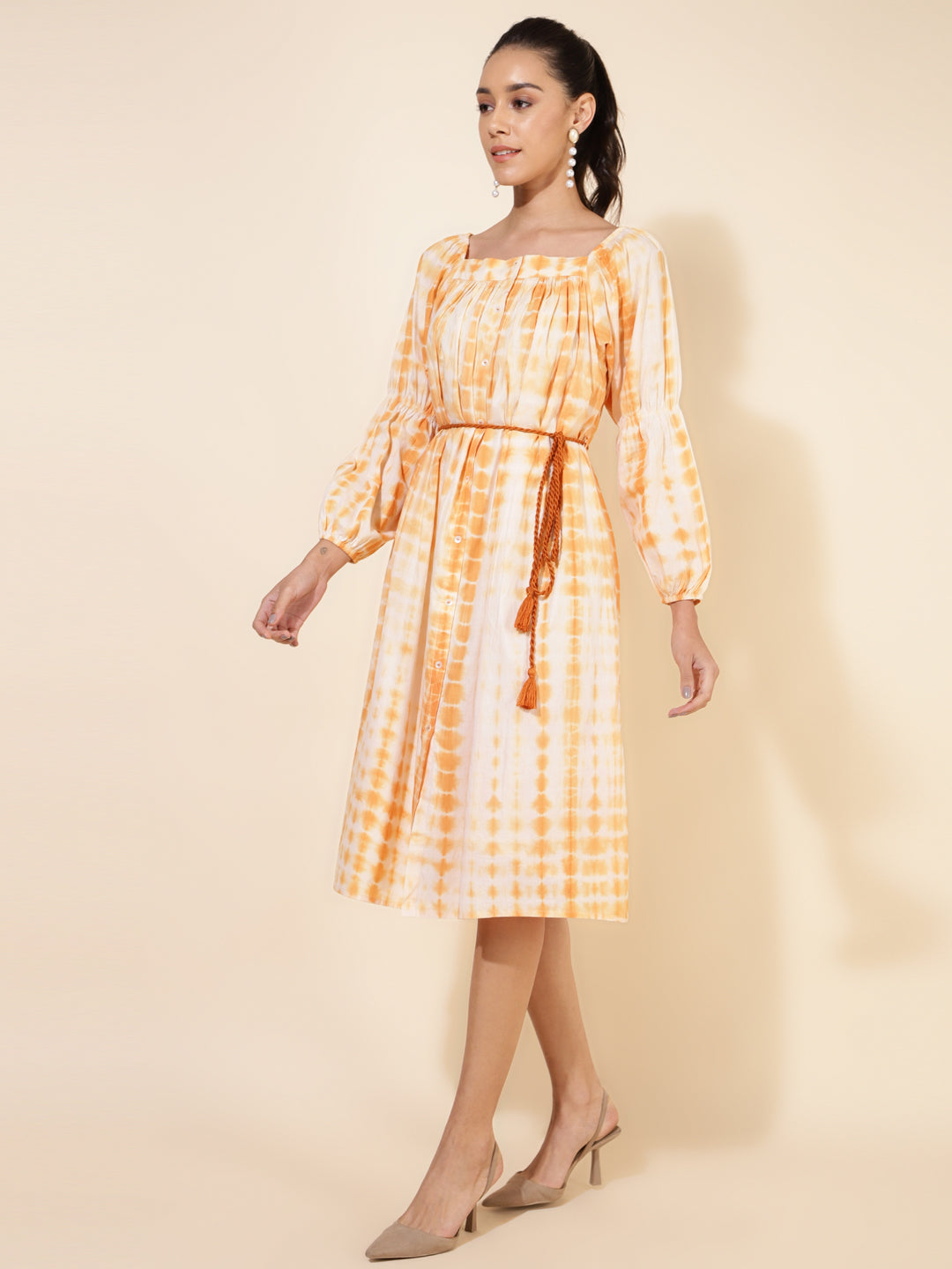 Janasya Women's Off White Cotton Tie Dye Casual Dress | Grocsy
