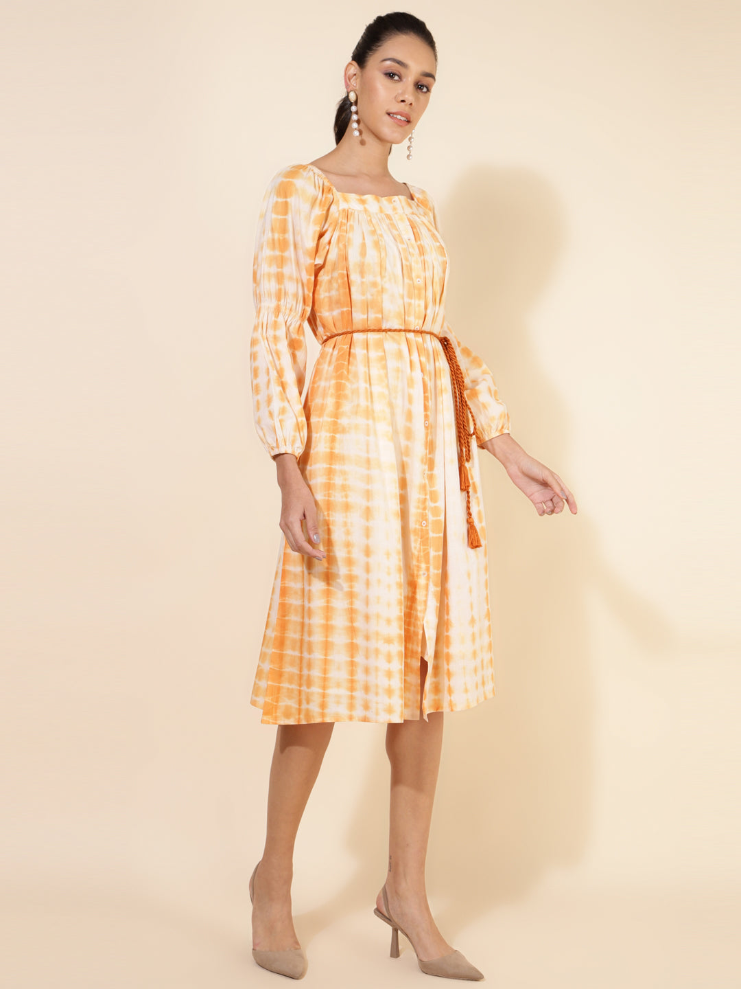 Janasya Women's Off White Cotton Tie Dye Casual Dress | Grocsy