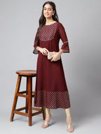 Janasya Women's Wine Crepe Foil Printed Festive A-Line Kurta | Grocsy