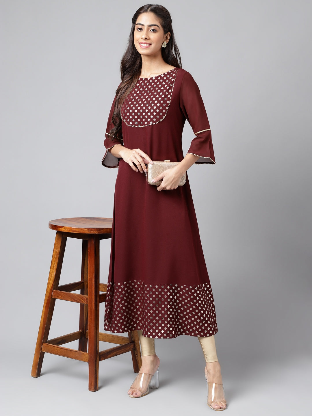 Janasya Women's Wine Crepe Foil Printed Festive A-Line Kurta | Grocsy
