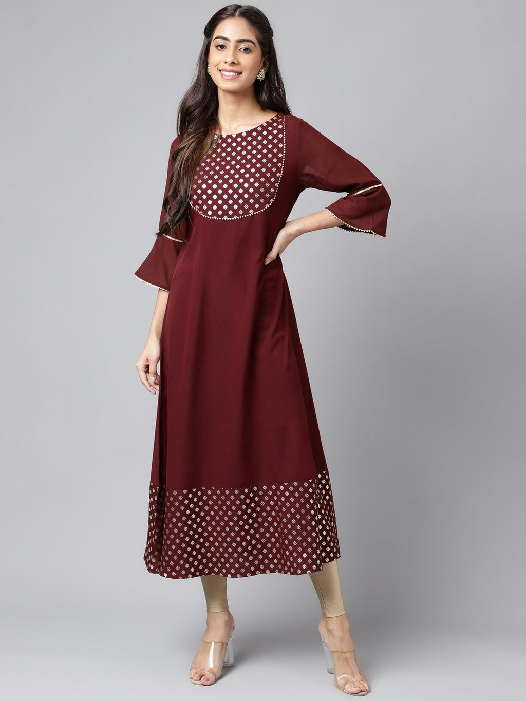 Janasya Women's Wine Crepe Foil Printed Festive A-Line Kurta | Grocsy
