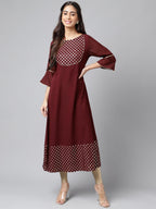 Janasya Women's Wine Crepe Foil Printed Festive A-Line Kurta | Grocsy