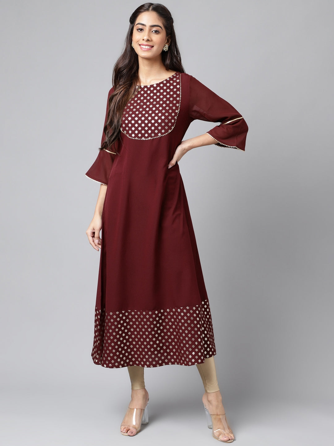 Janasya Women's Wine Crepe Foil Printed Festive A-Line Kurta | Grocsy