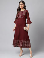 Janasya Women's Wine Crepe Foil Printed Festive A-Line Kurta | Grocsy