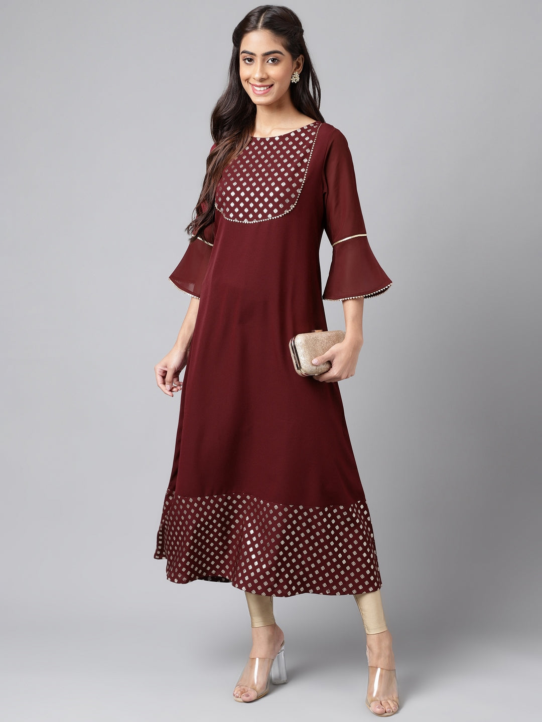Janasya Women's Wine Crepe Foil Printed Festive A-Line Kurta | Grocsy