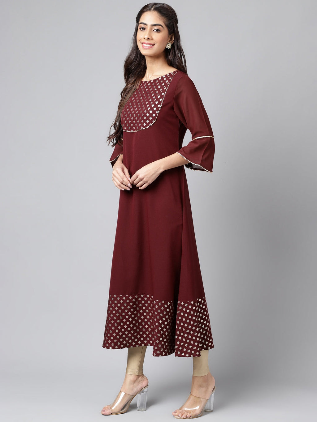 Janasya Women's Wine Crepe Foil Printed Festive A-Line Kurta | Grocsy