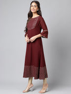 Janasya Women's Wine Crepe Foil Printed Festive A-Line Kurta | Grocsy