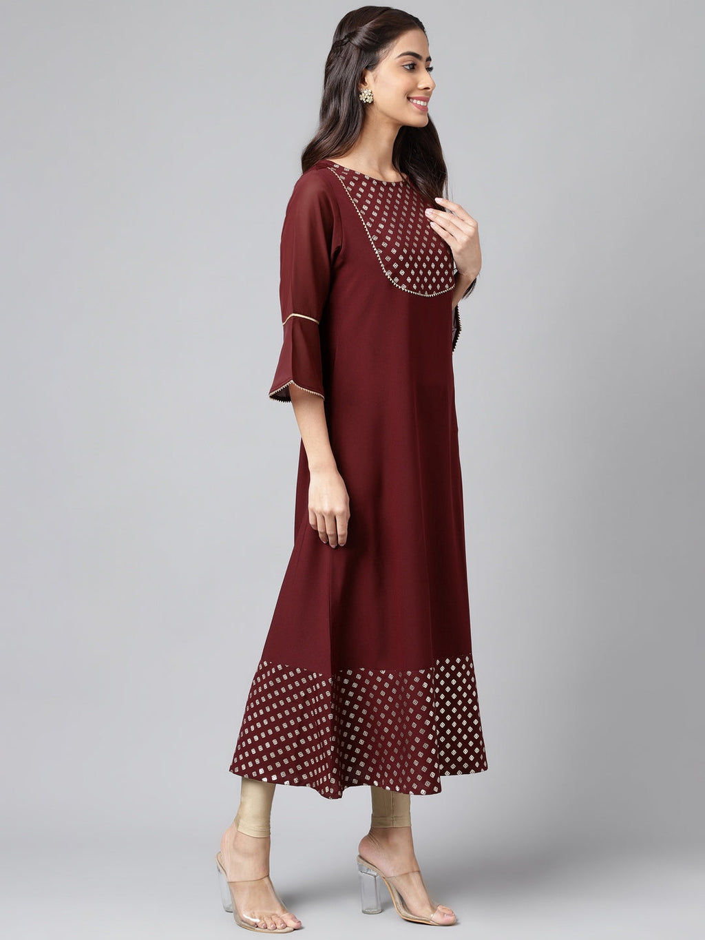 Janasya Women's Wine Crepe Foil Printed Festive A-Line Kurta | Grocsy
