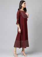 Janasya Women's Wine Crepe Foil Printed Festive A-Line Kurta | Grocsy