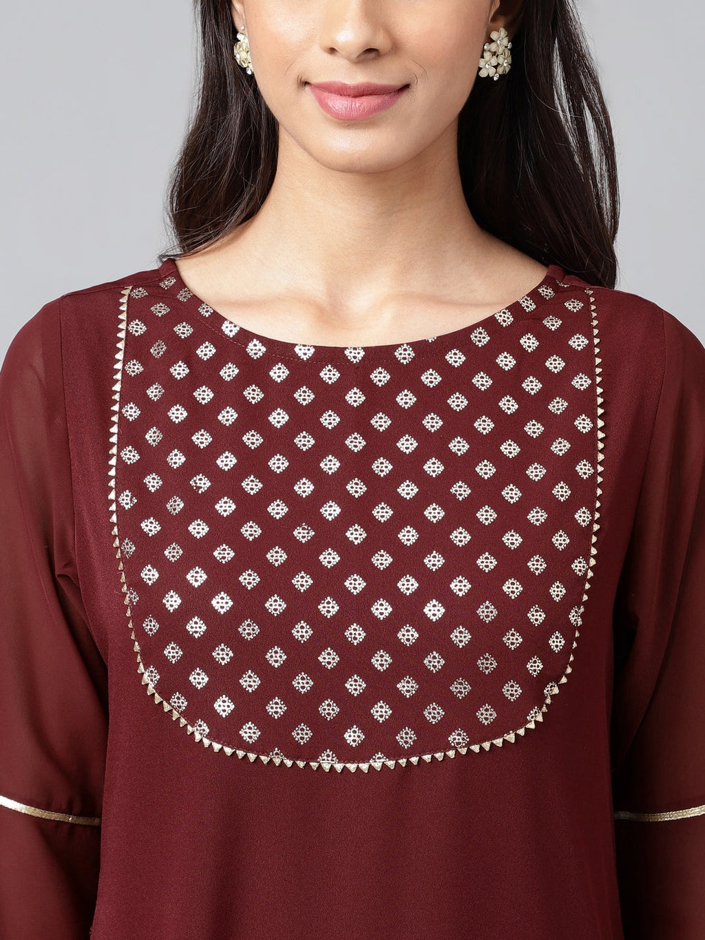 Janasya Women's Wine Crepe Foil Printed Festive A-Line Kurta | Grocsy