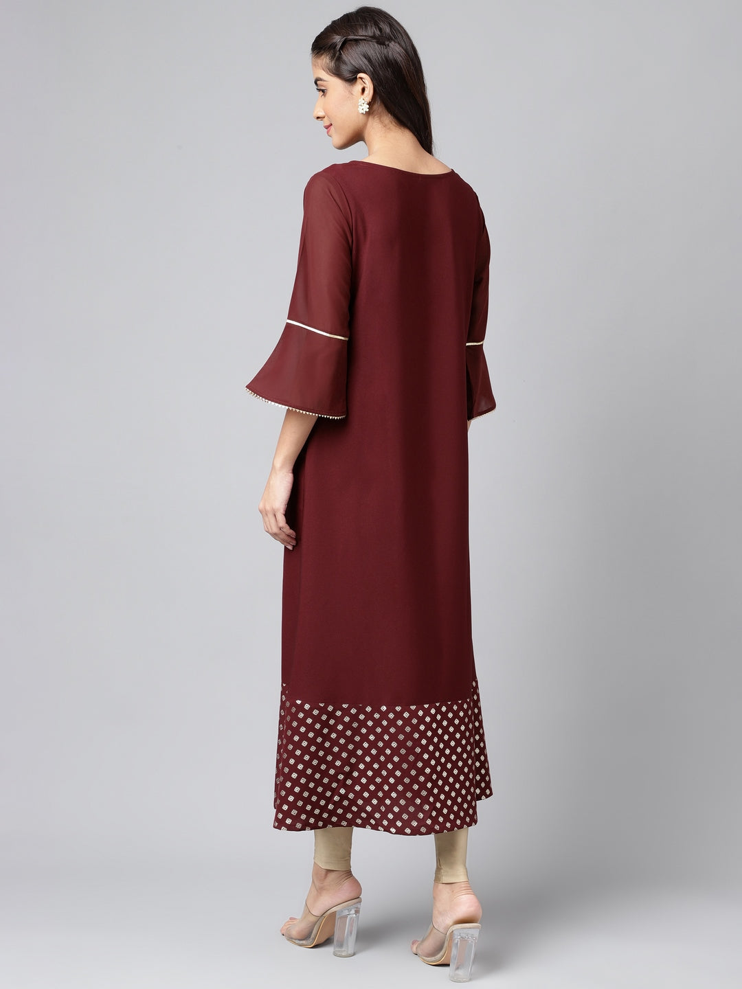 Janasya Women's Wine Crepe Foil Printed Festive A-Line Kurta | Grocsy