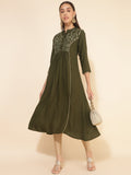 Janasya Olive Rayon Yoke Embroidered Casual Kurta | Grocsy