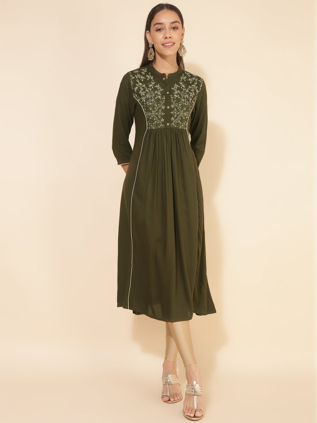Janasya Olive Rayon Yoke Embroidered Casual Kurta | Grocsy